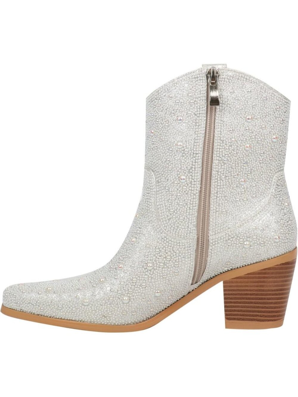 Women's Pearl Silver Rhinestone Sparkly Block Heel Pointed Toe Ankle Cowboy Boot - Picture 4 of 6